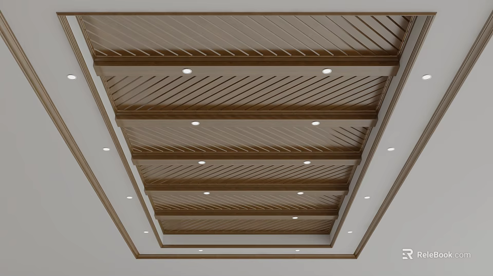 Wooden Ceiling Design With Striped Structure And Recessed Lighting Decorative Border 3d model 