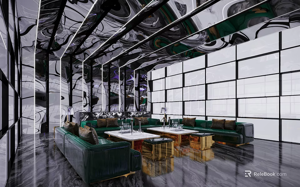 Elegant Modern KTV Lounge Interior With Green Velvet Sofas Geometric Decor And Ambient Lighting 3d model 