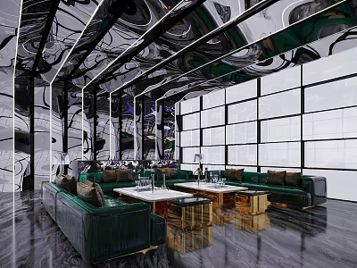 Elegant Modern KTV Lounge Interior With Green Velvet Sofas Geometric Decor And Ambient Lighting 3d model
