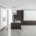 Modern Contemporary Kitchen Interior With Dark Wood And White Cabinets And Sleek Island Countertop