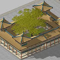 Traditional Chinese Ancient Architecture Multi Layered Pavilion With Green Tiled Roofs Yellow Decorations And Trees