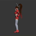 Woman In Red Outfit Long Hair Rabbit Ears Headpiece Gray Thigh High Socks Red Shoes