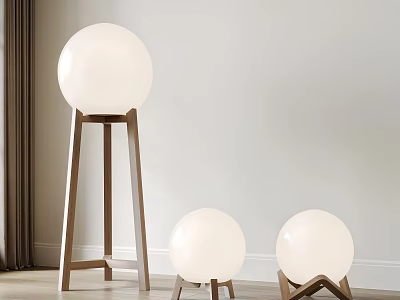 Modern Floor Lamps With Spherical Lampshades And Various Wooden Stands 3d model