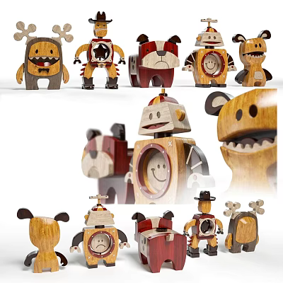 Cute Handmade Wooden Animal Dolls With Unique Shapes And Smiling Expressions 3d model