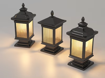 Three Black Outdoor Lights With Stripe Shades Decorative Spires And Square Bases Illuminated 3d model