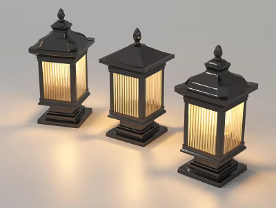 Three Black Outdoor Lights With Stripe Shades Decorative Spires And Square Bases Illuminated 3d model