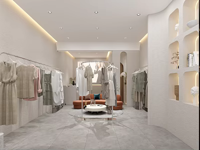 Modern Minimalist Clothing Store Interior With Clothes Racks Sofa Display Shelves And Gray Tiles 3d model