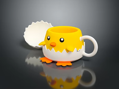 Cute Yellow Chick Shaped Mug with Open Egg Shell and Small Orange Feet 3d model