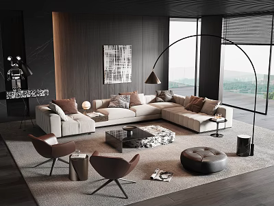 Modern L shaped Sofa and Marble Coffee Table Set with Cushions Ottoman and Accent Chairs 3d model