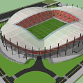 Modern Sports Stadium Featuring Green Football Turf Red Seats And Arch Roof Structure
