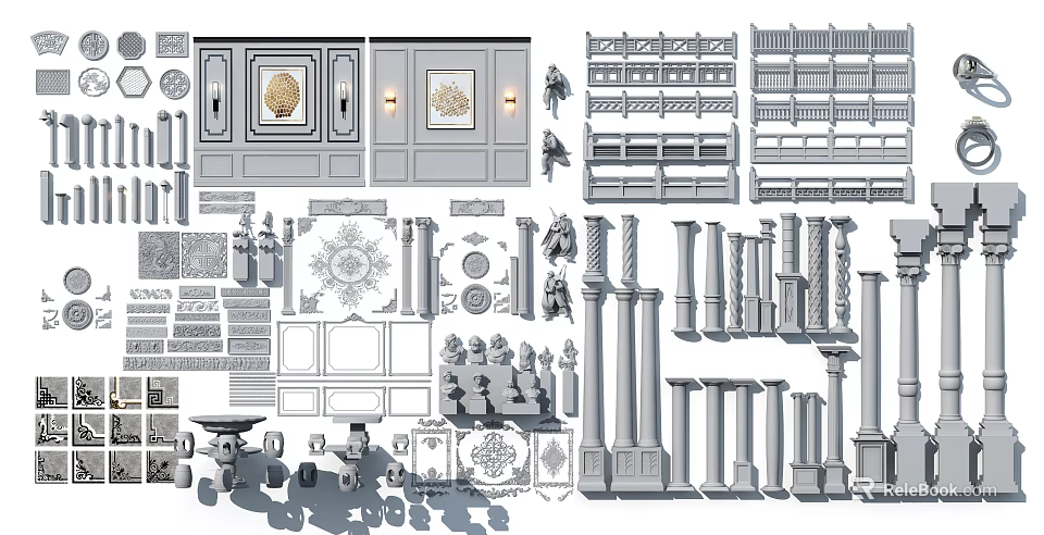 Ornate Decorative Carvings With Various Architectural Elements And Detailed Design Components 3d model