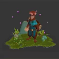 Anthropomorphic Badger In Blue Outfit Holding Purple Bottle On Green Grass With Pink Glowing Orbs