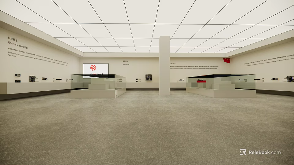 Spacious Exhibition Hall With Glass Display Cases And Red Logo Screen 3d model 