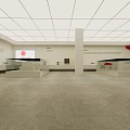 Spacious Exhibition Hall With Glass Display Cases And Red Logo Screen
