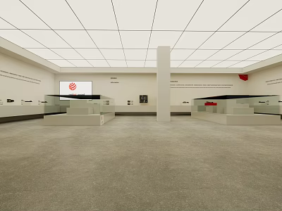 Spacious Exhibition Hall With Glass Display Cases And Red Logo Screen 3d model