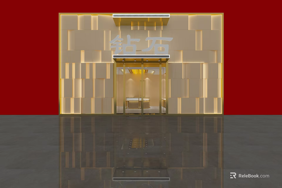 Illuminated Jewelry Store With Golden Wall Diamond Signage Reflective Floor Glass Display Front 3d model 