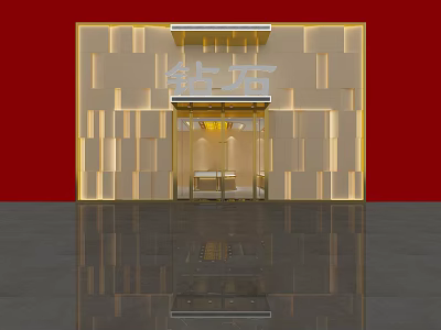 Illuminated Jewelry Store With Golden Wall Diamond Signage Reflective Floor Glass Display Front 3d model