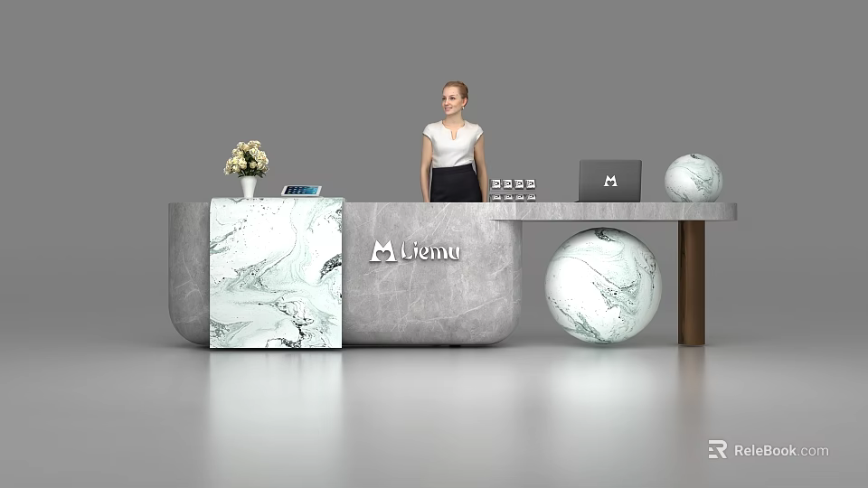 Modern Marble Reception Desk With Mjena Logo Flower Vase Tablet Laptop And Spherical Decor 3d model 
