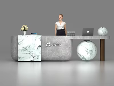 Modern Marble Reception Desk With Mjena Logo Flower Vase Tablet Laptop And Spherical Decor 3d model