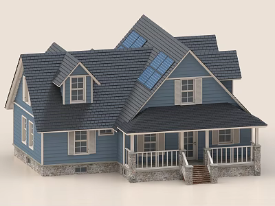 Blue Exterior Single Family House With Gray Roof Solar Panels White Windows Porch And Steps 3d model