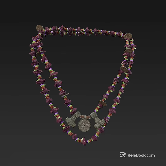Handmade Colorful Beaded Necklace with Purple Red Stones and Metallic Circular Pendants 3d model 