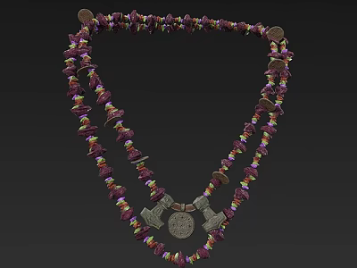 Handmade Colorful Beaded Necklace with Purple Red Stones and Metallic Circular Pendants 3d model