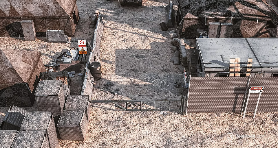 Temporary Camp Site With Tents Fences Sand Ground And Metal Structures 3d model 