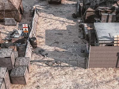 Temporary Camp Site With Tents Fences Sand Ground And Metal Structures 3d model