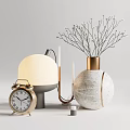 Modern Decorative Ornament Set With Gold Alarm Clock Table Lamp And Marble Vase