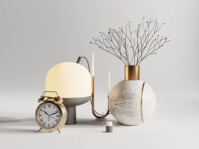 Modern Decorative Ornament Set With Gold Alarm Clock Table Lamp And Marble Vase 3d model