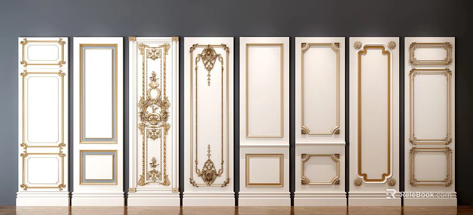 Elegant White and Gold Wall Panels with Various Decorative Patterns for Interior Design 3d model