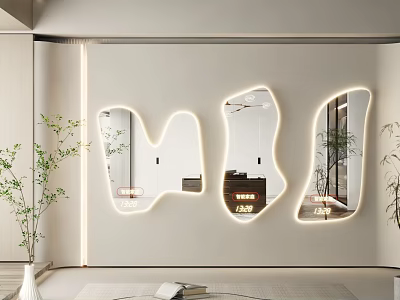 Three Irregular Shaped Mirrors With LED Lights Reflecting Modern Interior Wall Decor 3d model