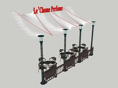 Outdoor Patio Table And Chair Set With White Canopy Lamp Posts And Railing 3d model