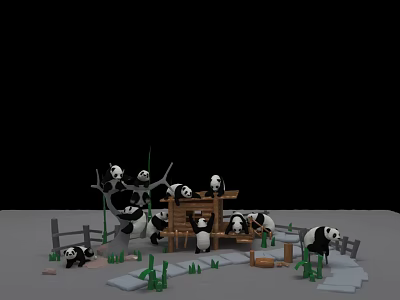 Playful Pandas In Natural Scene With Bamboo Plants Wooden Structure And Fence 3d model