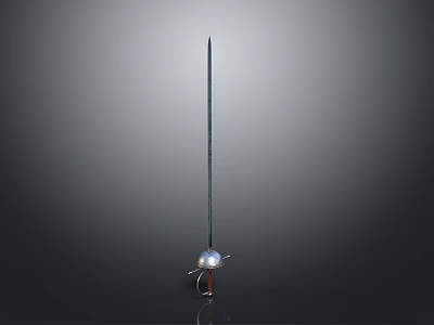 Ancient Sword With Long Metal Blade And Spherical Guard Vertically Displayed On Gray Gradient Background 3d model