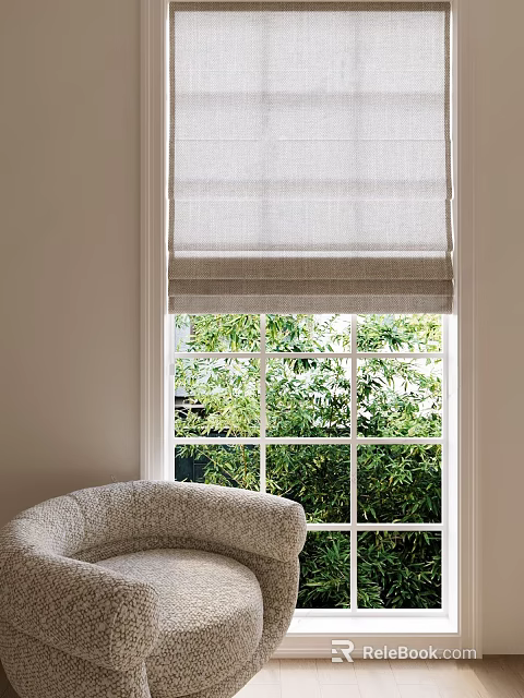Light Gray Linen Window Curtains With Green Outdoor Plants And Indoor Chair 3d model 