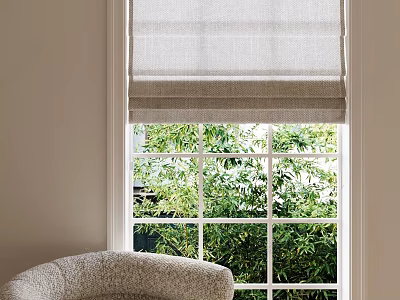 Light Gray Linen Window Curtains With Green Outdoor Plants And Indoor Chair 3d model
