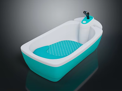 Turquoise and White Baby Bathtub With Non slip Grid Pattern Mat and Shower Head 3d model