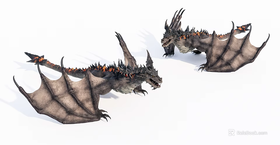 Mythical Game and Movie Dragon Character With Wings Back Spikes And Orange Flame Patterns 3d model 