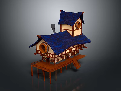 Traditional Stilted Multi Level Building With Blue Roof Circular Windows And Wooden Structure 3d model