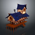 Traditional Stilted Multi Level Building With Blue Roof Circular Windows And Wooden Structure