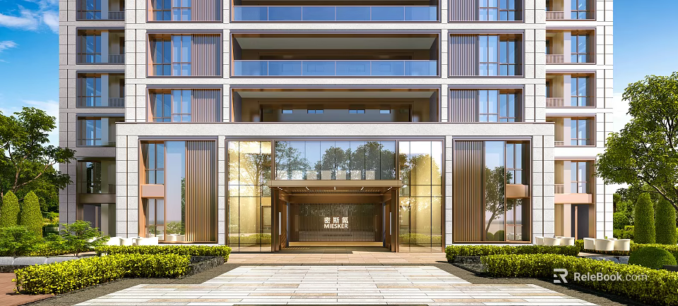 Modern Entrance Gate With Glass Curtain Wall Metal Frame And Greenery Around Contemporary Building 3d model 