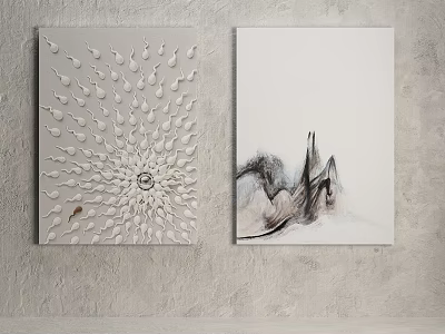 Abstract Wall Art Paintings On Gray Wall With Radial White Design And Black Lines 3d model