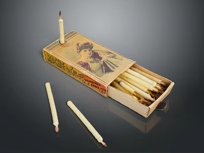 Antique Open Candle Box With Decorative Artwork Holding White Candles Inside And Beside 3d model