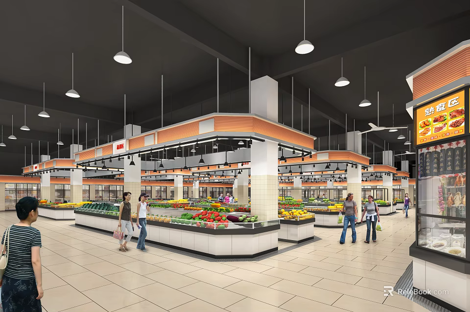 Supermarket Department Store Interior With Fresh Fruits Vegetables Section And Customers Shopping 3d model 