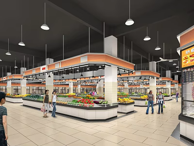 Supermarket Department Store Interior With Fresh Fruits Vegetables Section And Customers Shopping 3d model
