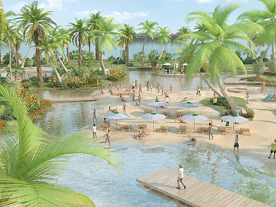 Tropical Coastal Scenery With Palm Trees Sandy Beach People And Wooden Boardwalk 3d model