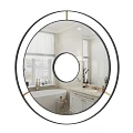 Round Black Framed Mirror in Modern Bathroom with Bathtub Vanity and Marble Walls