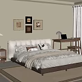Cozy Bedroom Interior With Bed Pillows Bedding Wall Art Desk Chair Window Curtains And Rug