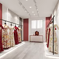 Elegant Bridal Shop Interior With Wedding Dresses And Display Shelves